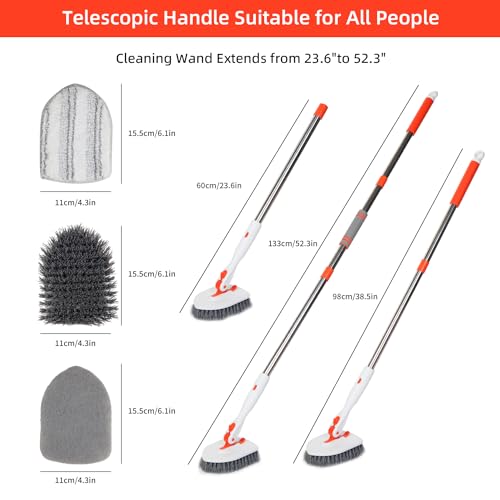 Bathtub Cleaning Brush Long Handle, Shower Bathroom Cleaner Brush Scrubber | 3 Different Detachable Scrub Brush Replacement Head for Scrubing Bathroom Floors, Tubs, Tiles, Kitchen Walls
