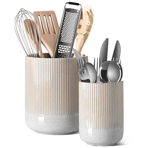 LE TAUCI Utensil Holder for Kitchen Counter, 7.3"+5.4" Fluted Ceramic Utensil Crock Organizer for Countertop, Heavy Large Holder for Spatulas, Spoons, Set of 2, Gray Marble - color: Glaze Marble Gray