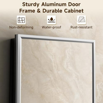 14"x24"Silver Medicine Cabinets for Bathroom with Mirror, Aluminum Alloy Framed Mirror, Recessed(12.85"x22.85")or Surface Wall-Mounted(14"x24") Metal Bathroom Vanity Mirror with Storage Cabinet