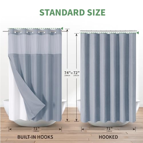 eachope Blue No Hook Shower Curtain with Snap-in Fabric Liner Set,Slub Textured Fabric Shower Curtains for Bathroom,Hotel Style Modern Shower Curtain,Water Repellent & Washable,71x74(72) | Hotel Style Fabric with See-Through Top Window, Water Repellent &