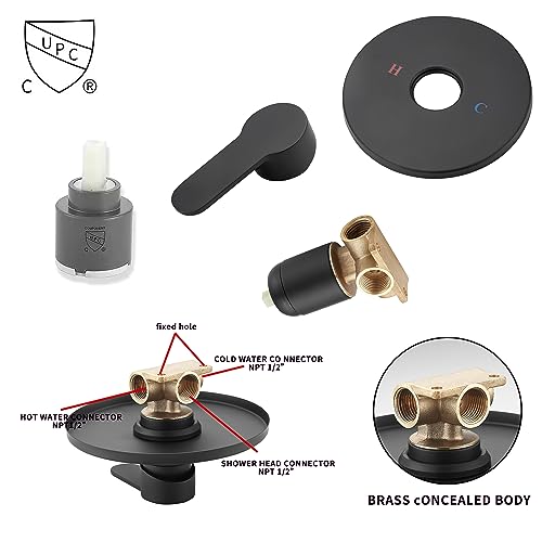 Matte Black Shower Faucet GGStudy Single Function Shower Trim Kit with Rough-in Valve Shower Set Bath Rainfall Shower Faucet System 8inch Round Stainless Steel Metal Shower Head - color: Black, style: Round