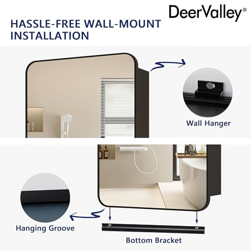 DeerValley 16 x 24 Inch Medicine Cabinet with Mirror, Black Bathroom Mirror Cabinet, Surface Mount, Adjustable Glass Shelves, Aluminum Framed Slow-Closing Door, Dual-Sided Mirrors - size: 16" x 24''