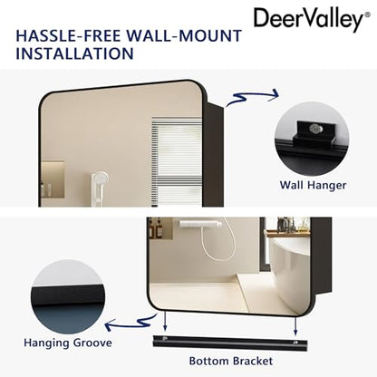 DeerValley 16 x 24 Inch Medicine Cabinet with Mirror, Black Bathroom Mirror Cabinet, Surface Mount, Adjustable Glass Shelves, Aluminum Framed Slow-Closing Door, Dual-Sided Mirrors - size: 16" x 24''