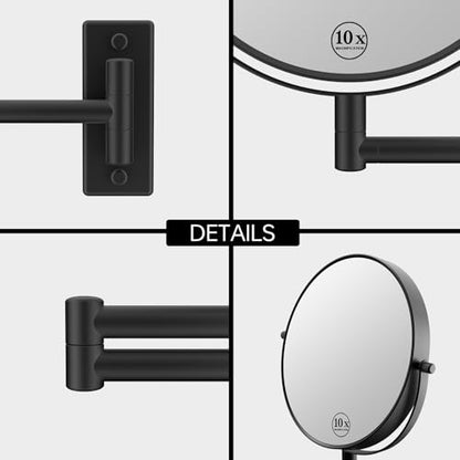 8" Wall Mounted Makeup Mirror with 1X 10X Magnification, Matte Black | Double-sided Wall Mount Magnifying Mirror with Swivel Extendable Arm for Bathroom - color: Matte Black-no Lights