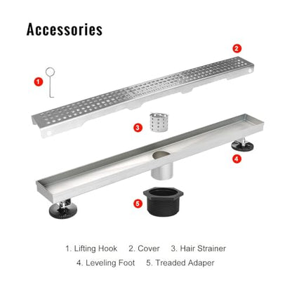 SaniteModar 24 inch Linear Shower Drain with Removable Square Hole Panel by Using Brushed 304 Stainless Steel Process, Linear Drain Equipped with Adjustable Feet and Hair Strainer | AISI 304 Stainless Steel Brushed Linear Dain Rectangle Shower Floor Drain
