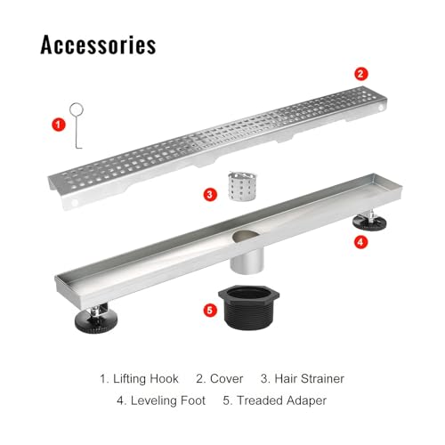 SaniteModar Linear Shower Drain 32 inch Brushed with Square Hole Panel | AISI 304 Stainless Steel Brushed Linear Dain Rectangle Shower Floor Drain with Hair Strainer and Leveling Feet - color: Stainless Steel, size: 32 inch