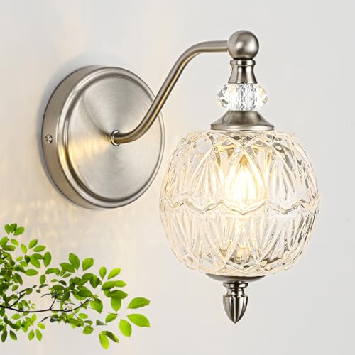 1 Piece Brushed Nickel Wall Sconce, 1-Light Mid Century Modern Brushed Nickel Finish Wall Sconce with Globe Glass Shade, Modern Light for Bathroom, Bedroom, Living Room,Powder Room - color: Brushed Nickel, size: 1 Light