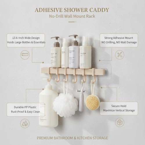 Adhesive Shower Caddy, 13.6-Inch Wide No-Drill Wall Mount Rack for Bathroom & Kitchen, PP Plastic Storage Organizer (1 PC) - color: Tan