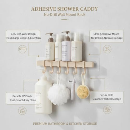 Adhesive Shower Caddy, 13.6-Inch Wide No-Drill Wall Mount Rack for Bathroom & Kitchen, PP Plastic Storage Organizer (1 PC) - color: Tan