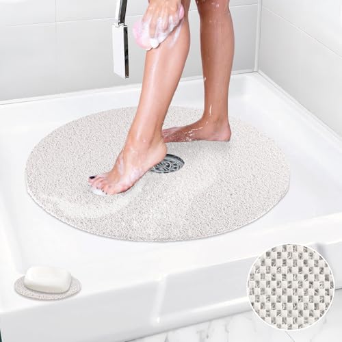 Shower Mat Non Slip: 31 Inch Diameter Extra Large Round Shower Mats with Drain Hole in Middle - Soft Loofah Great Drainage Shower Stall Matt for Inside Shower - color: White, size: 31" (Round)
