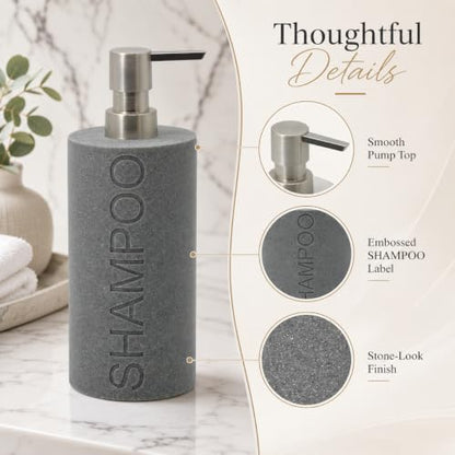 Resin Neutral Gray Sandstone Shampoo Engraved Bottle Refillable Pump Dispenser, Durable Waterproof Resin Construction for Bath, Shower - Gray Sandstone Satin Nickel Pump - color: Gray Sandstone Resin, Nickel Pump - Shampoo