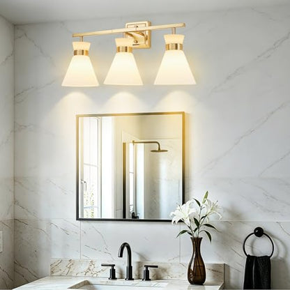 Brushed Gold Bathroom Vanity Lights, 3-Light Bathroom Light fixtures Over Mirror, Modern Vanity Lighting Fixtures with Frosted Glass Shades E26 Base,Wall Mount Scones for Mirror (Bulbs Not Included) - color: Gold