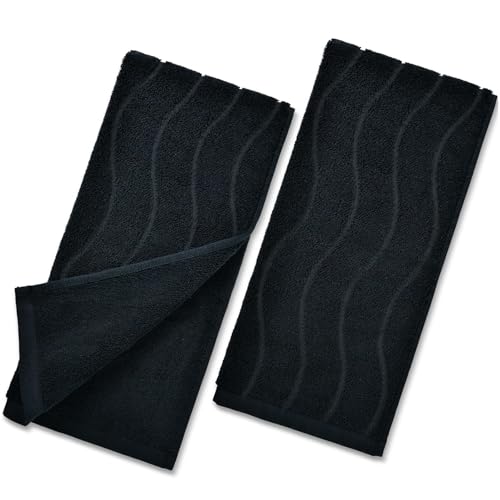 Hand Towels with Wavy Jacquard - Black Face Towels for Bathroom, 2 Piece | Cotton, 13x29 Inches - color: Black