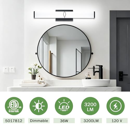 32 Inch Bathroom Vanity Light 3200LM, 5700K Daylight White Modern Bathroom Light Dimmable, AC 120V 36W Matte Black LED Vanity Lighting Fixtures Wall Sconce ETL Certified, 1Pack - color: Matte Black-5700K, size: 32 INCH