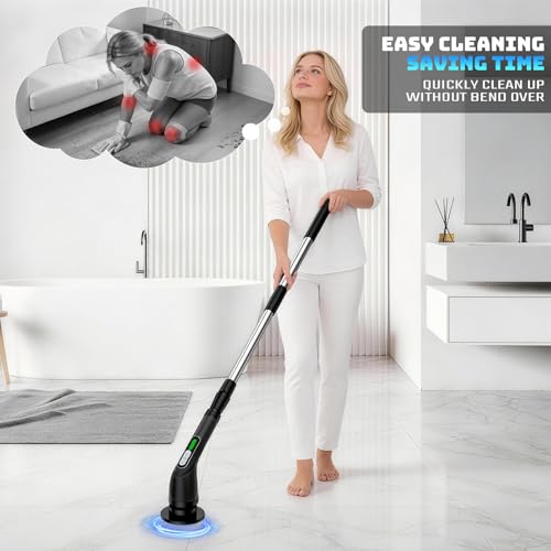 Electric Spin Scrubber, 2-Speed Cleaning Brush, Extendable Handle (Black) | Includes 7 reusable brush heads and an IPX7-rated design for cleaning bathrooms, showers, kitchens, tile, floors, and grout - color: Black