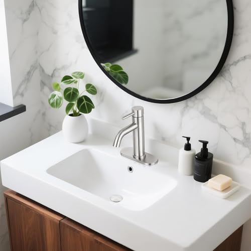 Bathroom Faucet, Single Handle Vanity Sink Faucet, Brushed Nickel | Brushed Nickel, for 1/3-Hole, Stainless Steel, Ceramic Cartridge, Pop-Up Drain, Deck Plate, For Vanity Powder Laundry - color: Brushed Nickel