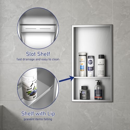 Stainless Steel Shower Niche 24" X 12" Brushed No Tile Needed Wall Niche with Double Shelves Recessed Shower Shelf for Bathroom Vertical Niches - color: Brushed, size: 12"x 24"