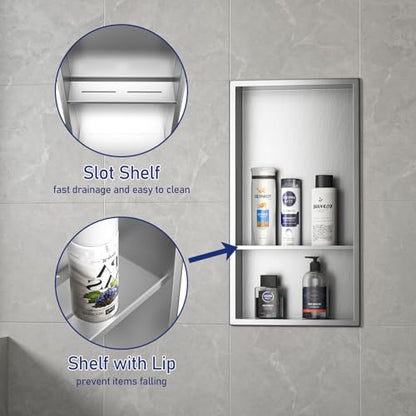 Stainless Steel Shower Niche 24" X 12" Brushed No Tile Needed Wall Niche with Double Shelves Recessed Shower Shelf for Bathroom Vertical Niches - color: Brushed, size: 12"x 24"