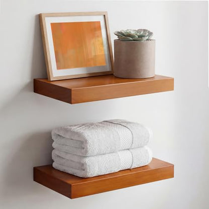 12 inch Oak Floating Shelf, High End Solid Real Wood 12inch Small Floating Shelves for Wall Mounted, Honey Oak Wooden 12in Floating Shelves, Heavy Duty Bracket, 12 X 6.5 X 1.75 in, Set of 2 - color: Honey Oak - Warm Amber Tone, size: 12 inch