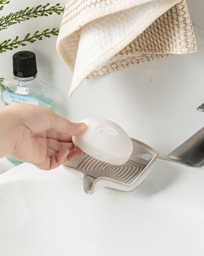 Zoeeker Self Draining Soap Dish, Ceramic Soap Holder with Waterfall Design | Shower Bar Soap Holder with Drainage Soap Saver for Shower, Bathroom, Sink, Kitchen and Countertop, Keep Dry, Beige White - color: Beige White, size: Rectangular