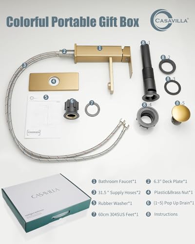 Bathroom Faucet, Brushed Gold Bathroom Sink Faucets & Parts(Pop-up Drain+6" Escutcheon Plate+Supply Hoses), Vanity Faucet for Vessel Sink, llaves para lavamanos de baño - color: 5.Brushed Gold(New), style: Short