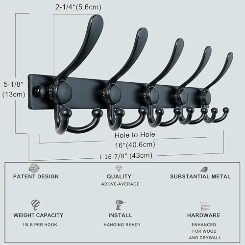 Coat Rack Wall Mount, Heavy Duty 12-Gauge Base vs Flimsy 1mm, Double-Thick Solid Anti-Snap Hooks, 16” Stud-Mount, Stainless Steel Hanger for Clothes Hat Entryway Closet Mudroom, Black - color: Black, size: L=17" (1pcs)