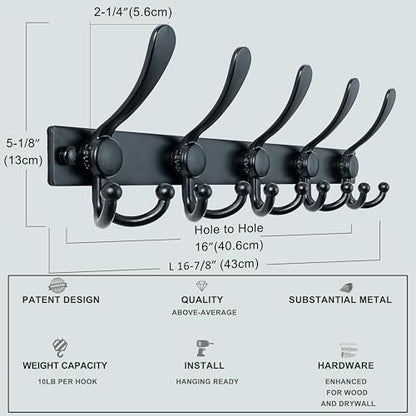 Coat Rack Wall Mount, Heavy Duty 12-Gauge Base vs Flimsy 1mm, Double-Thick Solid Anti-Snap Hooks, 16” Stud-Mount, Stainless Steel Hanger for Clothes Hat Entryway Closet Mudroom, Black - color: Black, size: L=17" (1pcs)