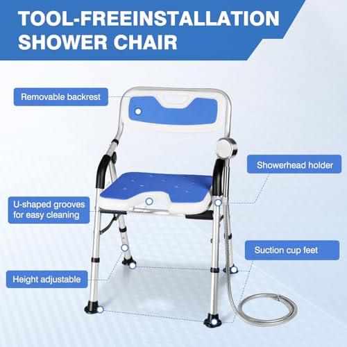 DEWEL Foldable Shower Chair for Elderly and Disabled, Folding Shower Seat with Armrests and Back Height Adjustable, Aluminum Alloy Bath Seat for Inside Shower, 330lbs Capacity (Blue) - color: Blue