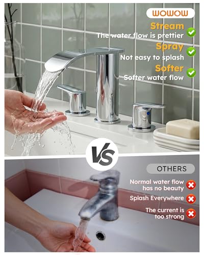 WOWOW Bathroom Faucets 3 Hole: Chrome 8 Inch Widespread Bathroom Sink Faucet Waterfall Spout, with Pop Up Drain and Water Supply, Suitable for Vanity Rv Commercial Lavatory Restroom - color: Chrome