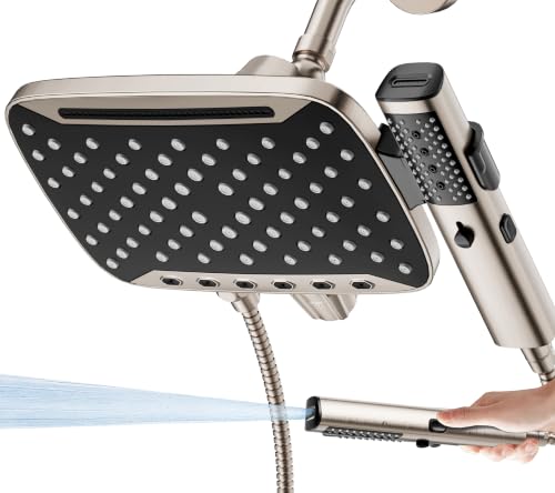 JDO High Pressure Rain Shower Head with Handheld Spray Brushed Nickel | 7 Modes Dual Shower Head, 10-inch Rainfall Showerheads Combo, Detachable Hand Held Shower Wand, Power Jets, 71" Shower Hose - color: Brushed Nickel
