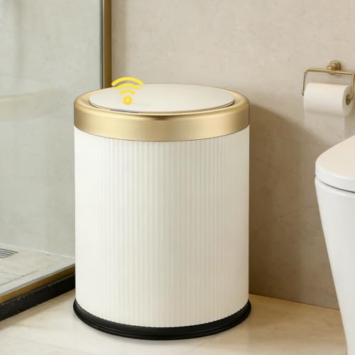 URALFA Bathroom Trash Can with Lid, Automatic Motion Sensor Trash Can | 2.8 Gal Bathroom Garbage Can Touchless, Smart Waterproof Trash Bin for Bedroom, Office, Restroom, Cream White and Gold - color: Cream White, size: 2.8 Gallon