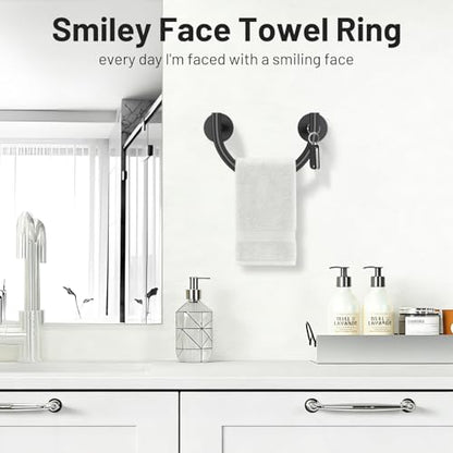 Matte Black Smiley Face Towel Ring Hand Towel Holder Stainless Steel Wall-Mounted Bathroom Hardware Accessories Towel Rack - color: Matte Black