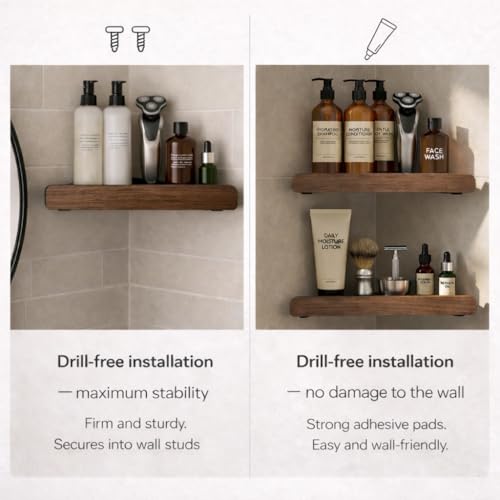2 Tier Corner Shower Shelf, Shower Caddy with Walnut Wood Finish | corner shower shelf with walnut wood and aluminum frame,no-drill bathroom storage organizer for shampoo and toiletries.
