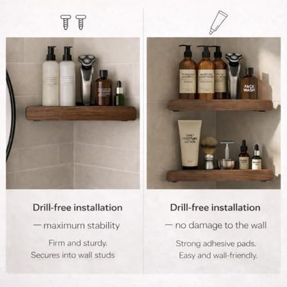 2 Tier Corner Shower Shelf, Shower Caddy with Walnut Wood Finish | corner shower shelf with walnut wood and aluminum frame,no-drill bathroom storage organizer for shampoo and toiletries.