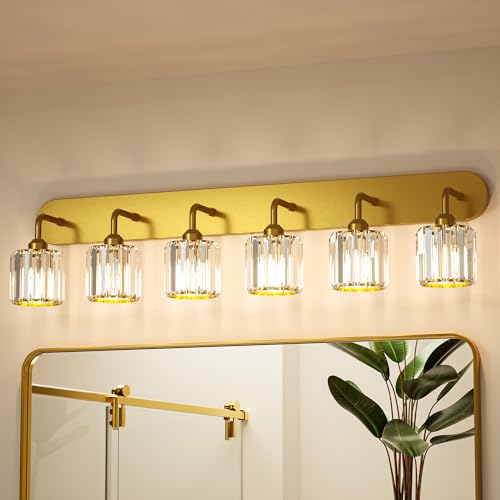 Keonjinn 6-Light Bathroom Light Fixtures, Crystal Gold Bathroom Vanity Lights Over Mirror, Vanity Lighting Fixtures with Crystal Square Shades (E26 Socket, Exclude Bulb) - color: Gold, size: 6-Light