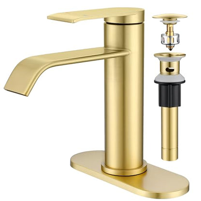 Bathroom Faucet 1 Hole with Metal Pop-up Drain - Brushed Gold | Single Handle Bathroom Sink Faucet with Supply Lines and Deck, Modern Waterfall Bathroom Faucets, G-7001BG - color: Gold