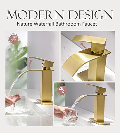 Gold Bathroom Faucet, Waterfall Sink Faucet with Drain for 1 or 3 Hole | YardMonet Brushed Gold Bathroom Sink Faucet, Modern Waterfall Spout Faucet with Drain Assembly and Hose, 304 Stainless Steel - size: Short