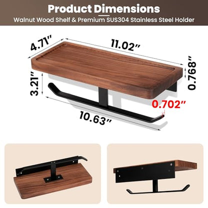 Double Toilet Paper Holder with Walnut Wood Shelf - Wall Mount & Self-Adhesive Bathroom Tissue Roll Holder, Black Stainless Steel with Walnut Shelf for Phone - Home Apartment Restroom - color: Walnut & Matte Black Double Hooks