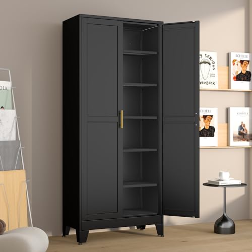 Metal Pantry Cabinet with 2 Doors and 5 Adjustable Shelves, 75"Kitchen Storage cabinets with Gold Handles, Versatile Storage for Laundry Room, Living Room, Bathroom, Dinning Room, Utility Room-Black - color: 2d-black, size: 15.75"D x 31.5"W x 75.2"H