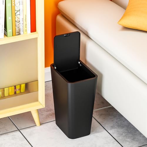 Yieach 12L Black Slim Bathroom Trash Can with Lid,3.17 Gallon Pet/Dog Proof Kitchen Trash Can,Rectangle Thin Garbage Can,Covered Waste Basket,Narrow Small Plastic Trashcan for Room,Bedroom,Office,2PCS - color: Black, size: 12L - 2 PACK