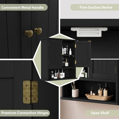 Smuxee Black Wall Cabinet, Small, 2-Door Medicine Cabinet with Adjustable Shelves, Over Toilet, For Kitchen and Laundry Rooms - color: Black Small