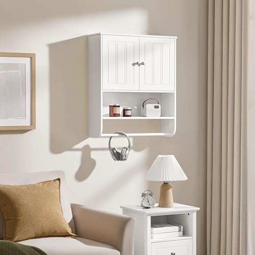 Yaheetech 24" Bathroom Wall Cabinet Over Toilet with Towel Bar, White Doors | Over-the-Toilet Storage for Small Bathrooms, Doors Hide Clutter, Adjustable Shelf Fits Tall Bottles, Open Display, MDF Build
