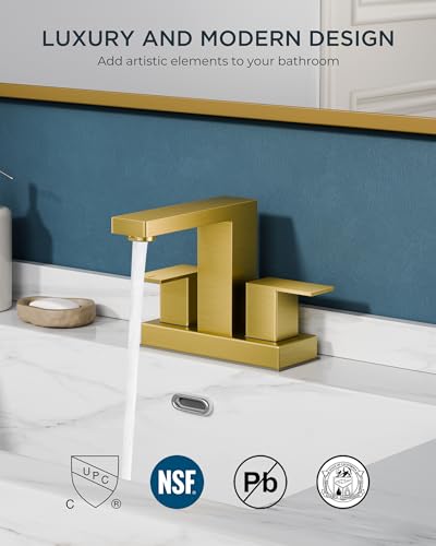 FORIOUS Gold Bathroom Faucet Centerset 4 Inch, Gold Vanity Faucet Remodel | CUPC Two Handle 4" Brushed Gold Centerset Bathroom Faucet 2 Hole with Accessories for Hospitality,Real Estate Procurement - color: Brushed Gold, style: Classic