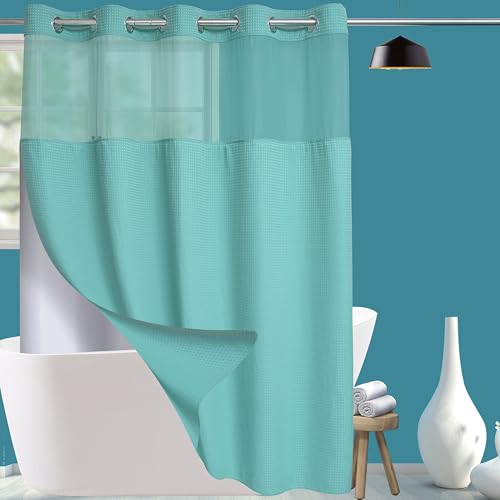 Conbo Mio Extra Long No Hook Green Waffle Weave Shower Curtain with Snap in Liner Set, Hotel Luxury Shower Curtains for Bathroom with See Through Top Window, Waterproof, Washable 71W x 84H - color: Waffle-green, size: 71"W x 84"L (Pack of 1)