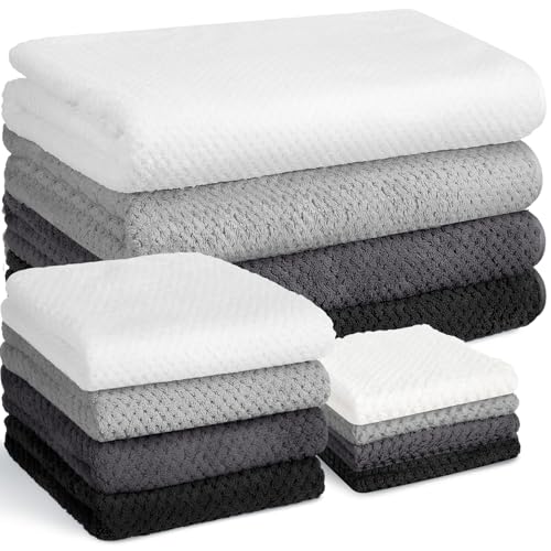 Preboun 4 Sets Bath Towels and Washcloths for Bathroom,Neutrals | 12 Pcs Microfiber Quick Dry Coral Fleece Highly Absorbent for College Dorm Beach Pool Spa Fitness Sports Shower Travel Hotel - color: Neutrals