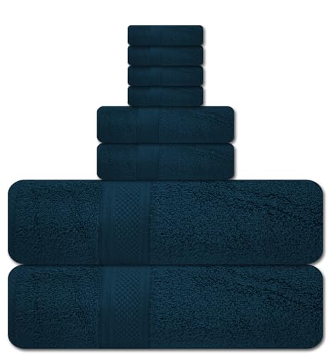 ELITE 8-Piece Zero Twist Cotton Bath Towel Set – 100% Cotton Luxury Towels – Ultra Soft, Fluffy & Absorbent – Quick Dry, Durable & Fade Resistant – Spa Quality Bath, Hand & Washcloth Set (Navy Blue) - color: Navy Blue
