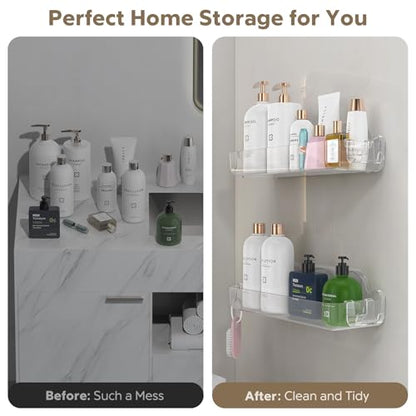 2 Pack Acrylic Shower Caddy Adhesive, No Drilling Bathroom Shower Organizers, with 4 Removable Hooks, Wall Mounted Shower Shelves, Acrylic Shower Holder Storage for Bathroom, Dorm, Kitchen