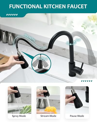 VFAUOSIT Black Kitchen Faucet with Pull Down Sprayer, High Arc Design | cUPC and CEC Certified, Lead-Free SUS304 Steel, 3 Spray Modes, 360° Swivel, Fingerprint-Resistant Finish, Ceramic Disc Valve - color: Matte Black
