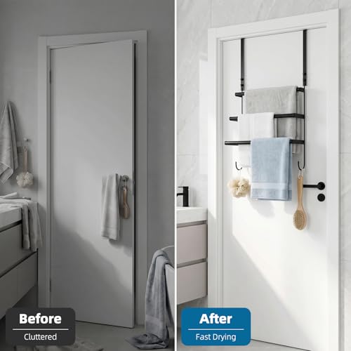 Over the Door Towel Rack for Bathroom Bedroom, 3-Tier Matte Black Towel Bars with Bottom Hooks, Heavy Duty Rustproof No-Drill Towel Holder for Bathroom Door Back, Space Saving Drying Rack Organizers