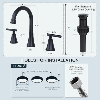 COMLLEN Black Bathroom Faucet 3 Hole Vanity,360 Degree Rotating Spout, 2 Handle 360° Swivel Matte Black 8 Inch Widespread Bathroom Sink Faucet 3 Holes, with Pop-up Drain, Supply Lines - color: Black